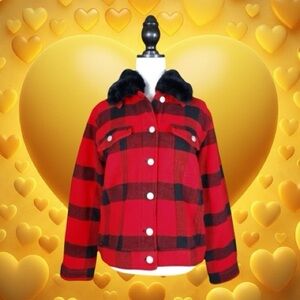 GAP Black & Red Buffalo Plaid Button Up Coat w/ Removable Faux Fur Collar Size M